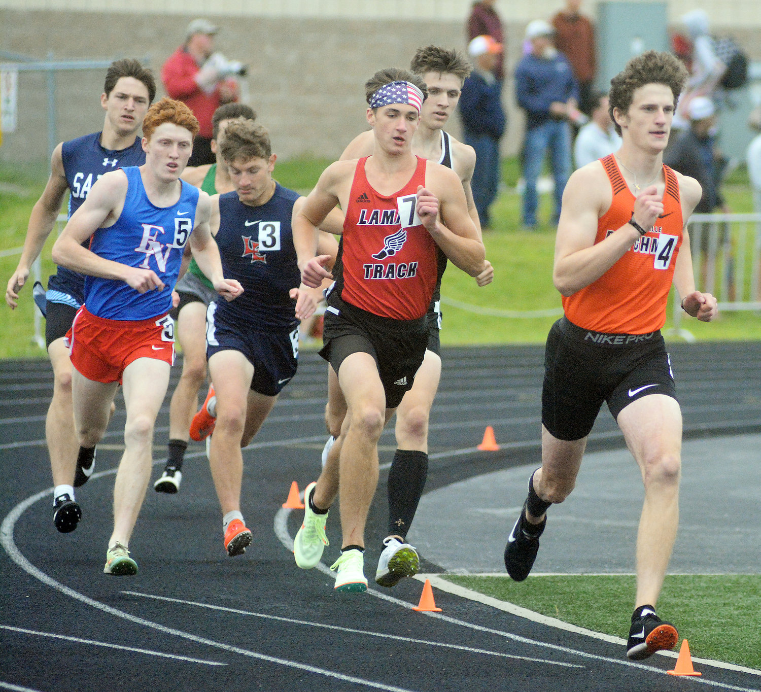 Gabe Soest (far right) leads the field after the first lap of the boys 800-meter run during one of four Missouri State High School Activities Association (MSHSAA) Class 3 sectional track meets held Saturday at Hollister High School. Soest went on to place third in the event to qualify for state this weekend in Jefferson City.